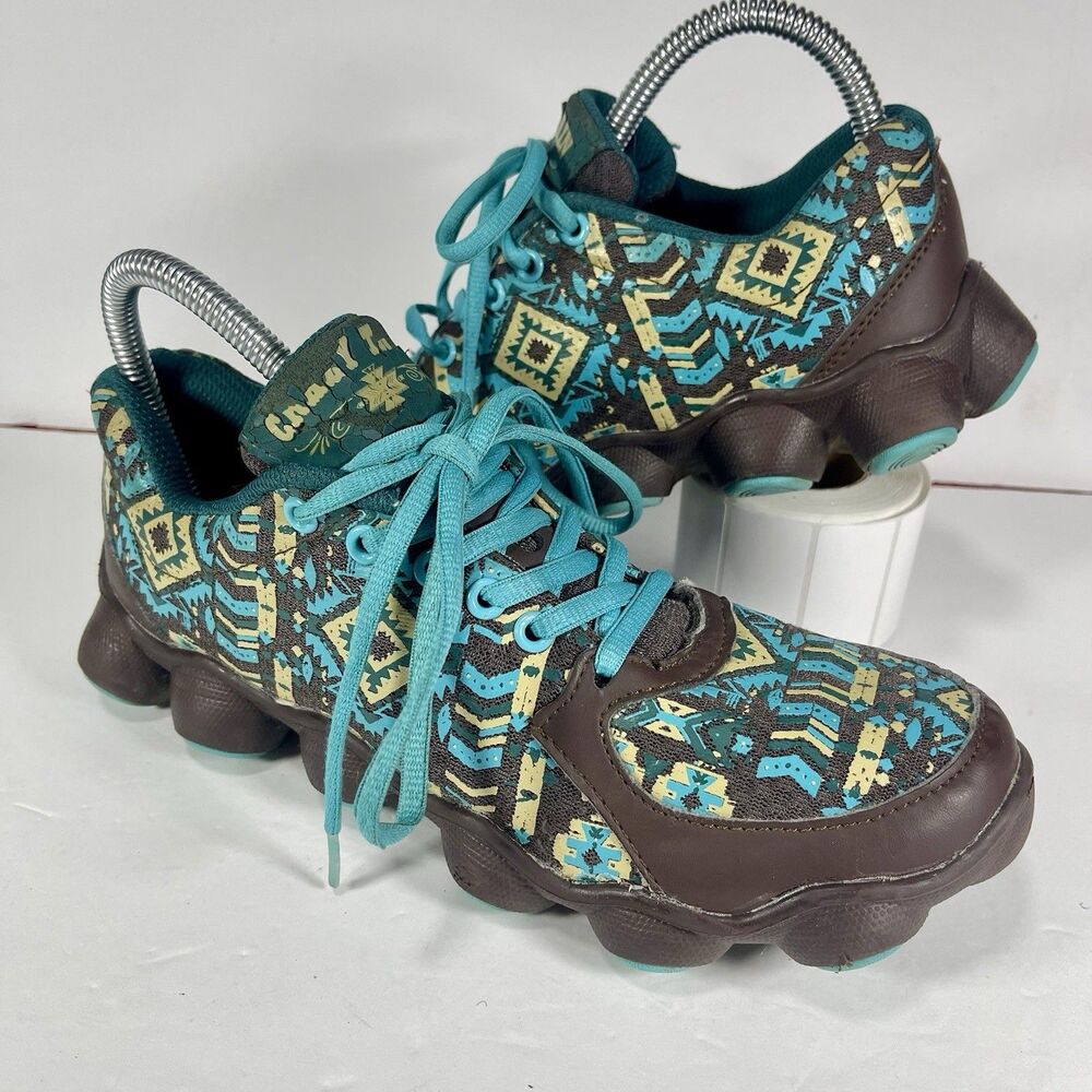 Crazy Train Women's Aztec Geometric Sneakers - Brown/Teal - Size 8